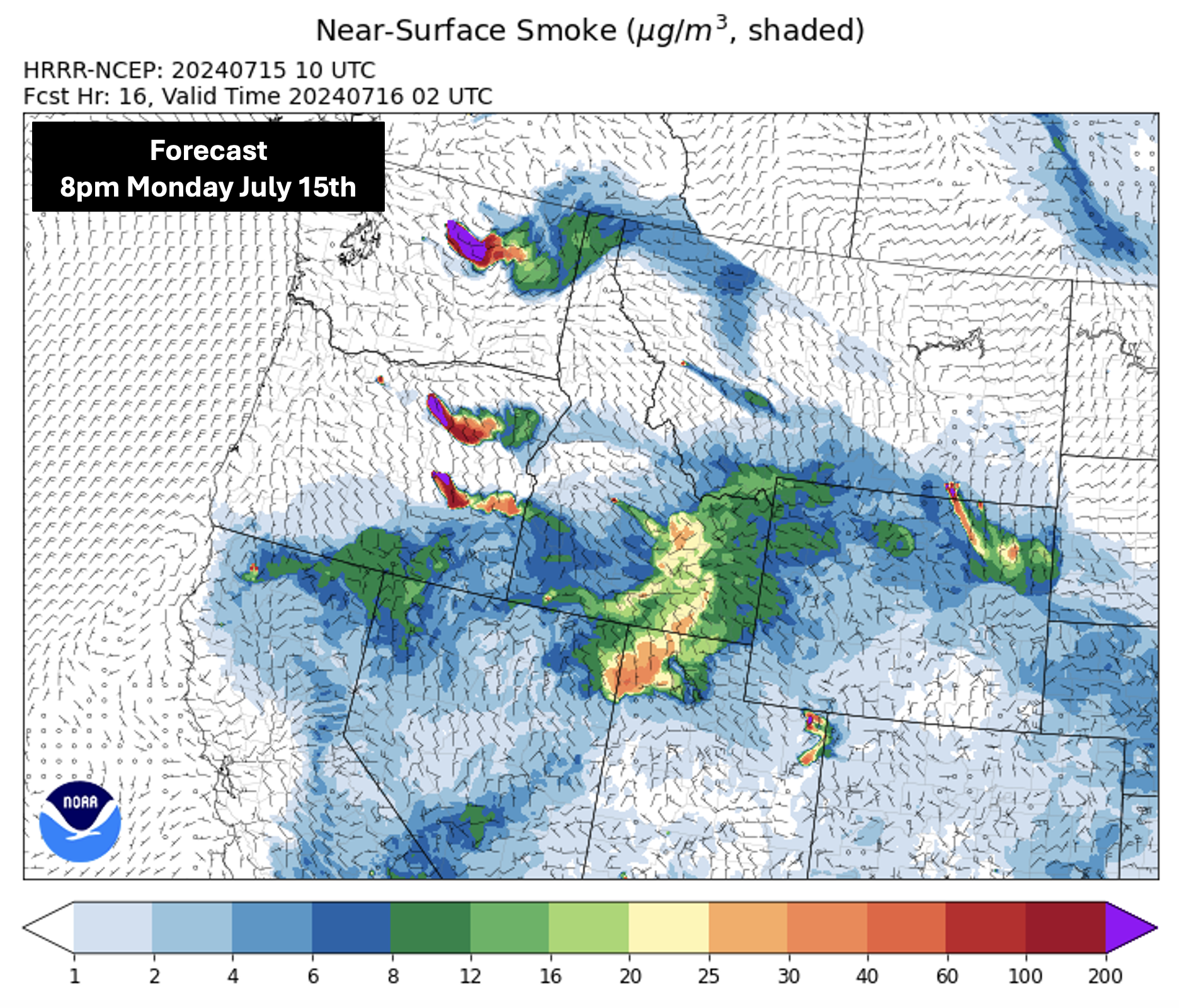 By Monday evening, the HRRR smoke model shows much of the smoke from regional wildfires pushing out of the state.